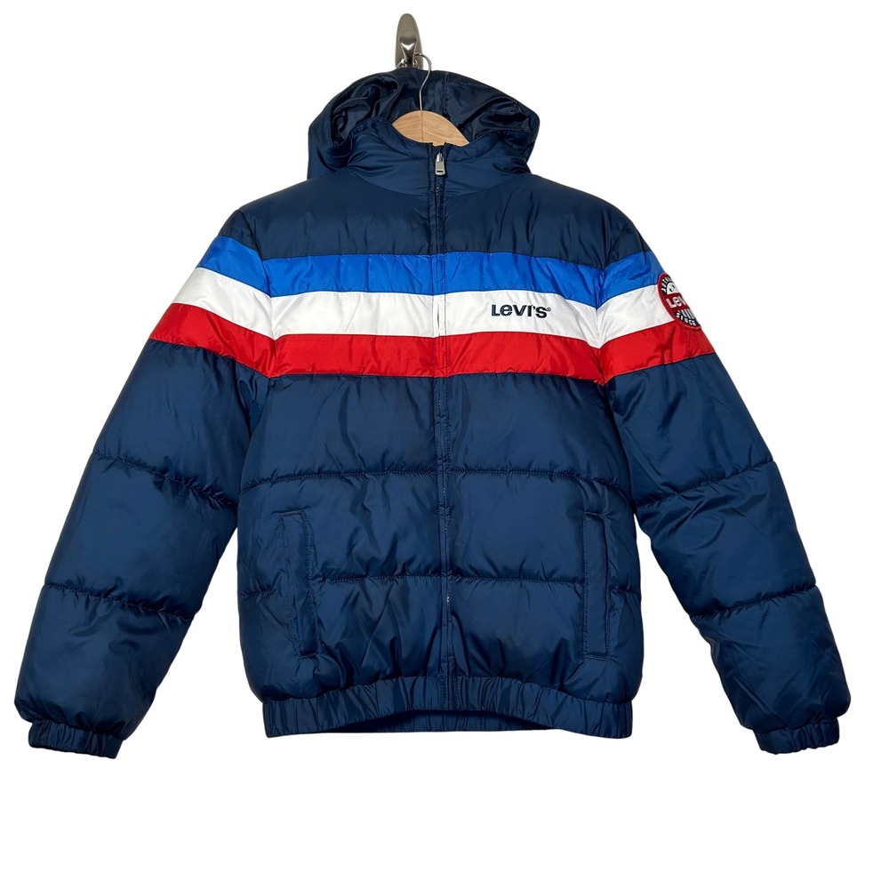 Levi's Kids Puffer Jacket Hooded Blueโ Red White L (12-13) Boys Girls Coat